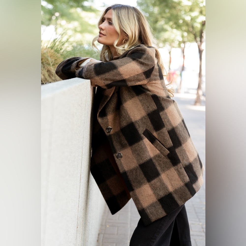 NEW Baltic Born Kirsti Coat Buffalo Check Plaid Brown Black Jacket Large